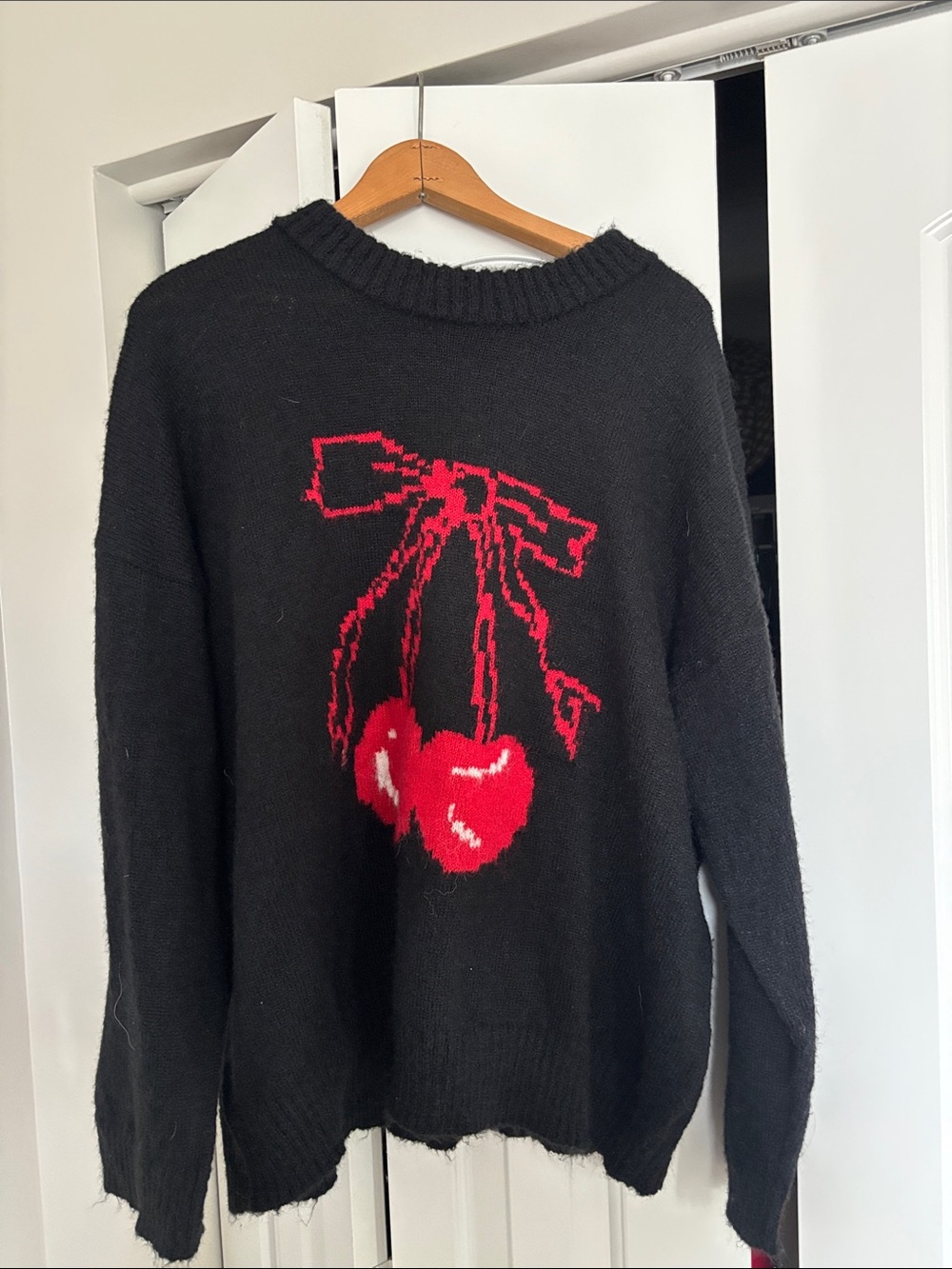 Black Sweater with Red Cherry Motif - Women's Cozy Knit